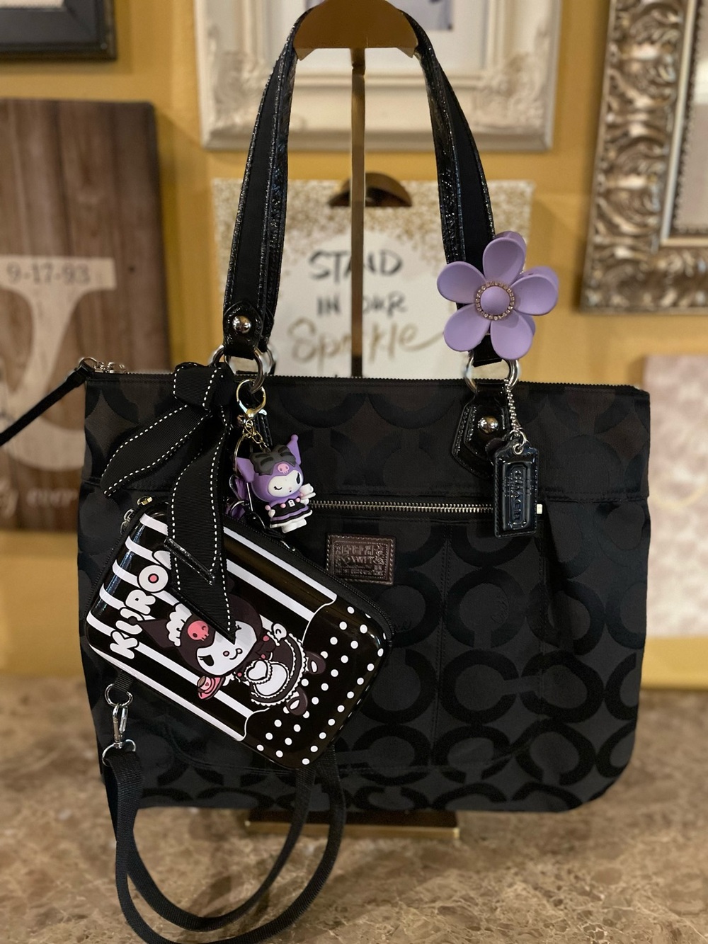 COACH Y2K Poppy Op Art Black Glam Tote Bag With UNBRANDED Accessories
